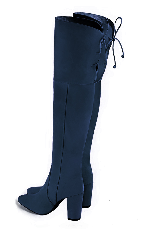 Navy blue women's leather thigh-high boots. Round toe. High block heels. Made to measure. Rear view - Florence KOOIJMAN